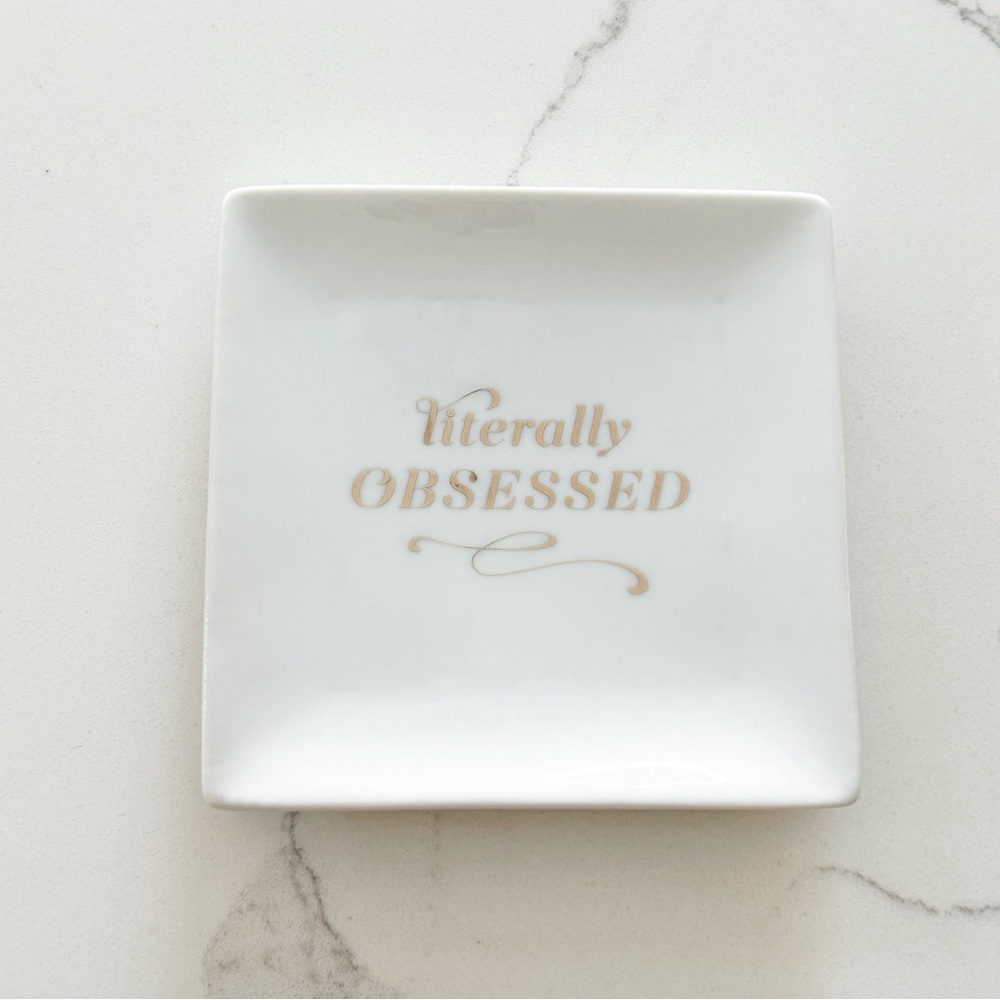 FRINGE Jewelry Storage Glass Tray Dish Square White with Gold Accent